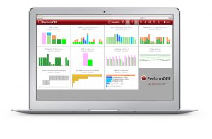 A silver laptop featuring a sample of PerformOEE's Report Pack & Per Built Dashboards containing valuable OEE tracking and Productivity data for the purpose of Shift Handover or Daily Production Meetings | OEE Software