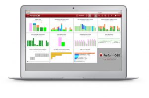 highly-visual-system SFE A silver laptop featuring a sample of PerformOEE's Report Pack & Per Built Dashboards containing valuable OEE tracking and Productivity data for the purpose of Shift Handover or Daily Production Meetings | OEE Software